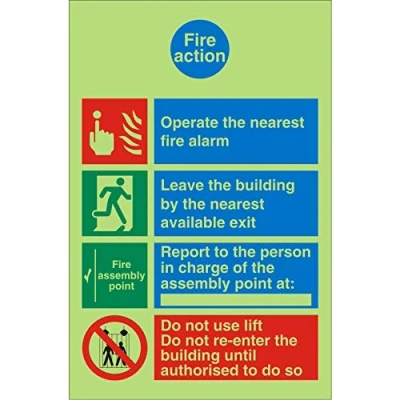 Image of Seco Fire Action With Do Not Use Lift Sign, 200mm x 300mm Photoluminescent 1mm Semi Rigid Plastic