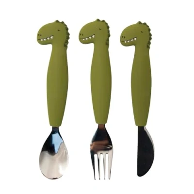 Image of Trixie Silicone Cutlery Set 3 Pack Mr. Dino Toddler Utensils Soft, Durable, and Easy to Grip Spoon, Knive Fork Safe Tableware for Kids Learning Eat
