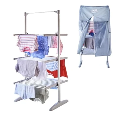 Image of Neo Large Indoor Electric 3 Tier Airer Folding Foldable Laundry Clothes Horse Portable Heated Rail Rack Dryer Cover 36 Rails 147 cm…