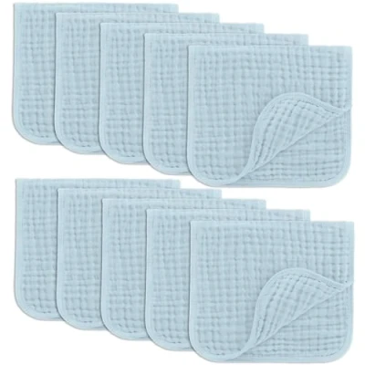 Image of Comfy Cubs Muslin Cloths for Baby, Baby Essentials, Burp Cloths, Squares, 100% Cotton, Hand Washcloths 6 Layers Extra Absorbent and Soft (Sky Blue, 10 Pack, 50 X 25 CM)