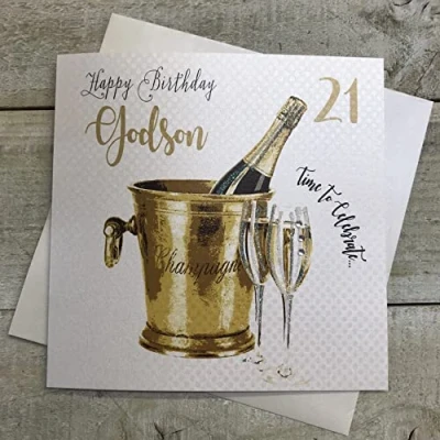 Image of WHITE COTTON CARDS Champagne Bucket, Godson 21 Happy Handmade 21st Birthday Card, White, WBS21 GODS