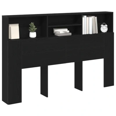Image of vidaXL Black Oak Bedroom Headboard Cabinet 160 x 19 103.5 cm, Solid MDF Wood with Shelves, Matte Finish, Modern Storage Solution for Decor