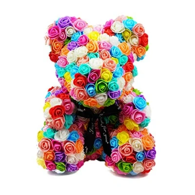 Image of FeiWen Rose Flower Bear 10 inch Teddy Artificial Flowers Gift for Mothers Day, Valentines Anniversary &amp; Bridal Showers (colourful)