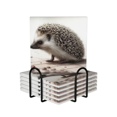 Image of Hedgehog Coasters for Drinks Set of 6 with Holder Ceramic Cork Base Coffee Cup Beverage Heat and Scratch Resistance Wine Beer Bar