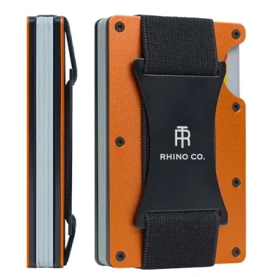 Image of RHINO CO. Minimalist Metal Wallet RFID Blocking Credit Card Holder with Cash Strap Slim, Secure, Small and Stylish (Burnt Orange)