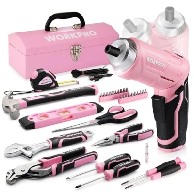 Image of WORKPRO 73 Piece Tool Set with Cordless 3.7V Screwdriver, Pink Kit Suitcase, for Home, Durable, Long Lasting Kit, Perfect DIY, Home Repair