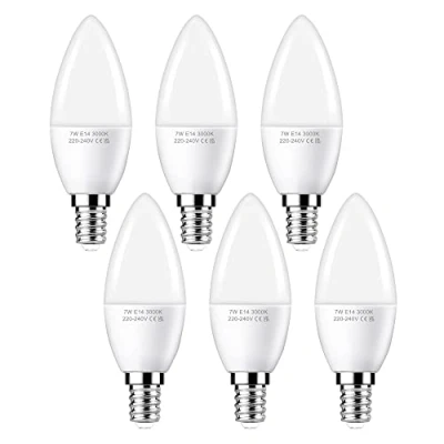 Image of Flaspar E14 LED Light Bulb 60W Equivalent, Candle Warm White 3000K, 7W Small Edison Screw Bulb, 600LM, Energy Saving Bulbs, 6 Pack