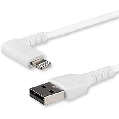 Image of StarTech.com 2m USB A to Lightning Cable Durable 90 Degree Right Angled White Type Connector Sync &amp; Charger Cord w/Aramid Fiber Apple MFI Certified iPad iPhone 11 (RUSBLTMM2MWR)