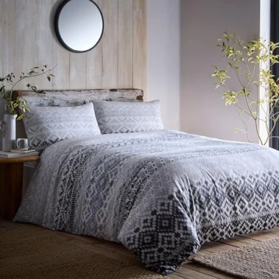 Image of Appletree Grey Tribal Duvet Cover Set King Bedding Size (230 x 220cm) Dark Bohemian Geometric Style Heavy Weight Cosy Super Soft 100% Brushed Cotton