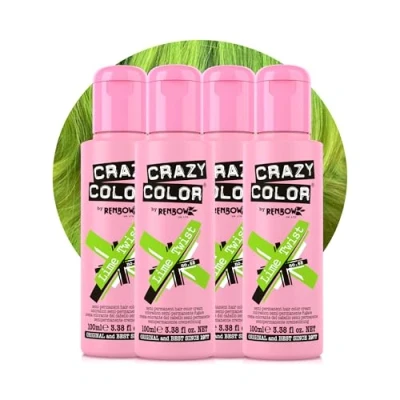 Image of Crazy Color Vibrant Lime Twist Semi Permanent 4 Pack Quad Hair Dye. Highly Pigmented Green Conditioning &amp; Oil Nourishing Vegan Formula No Bleach or Ammonia 400ml