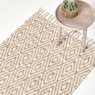 Image of HOMESCAPES Geometric Rug Handwoven Natural Hemp Chindi ‘Sierra’ Diamond Pattern Rug, 90 x 150 cm