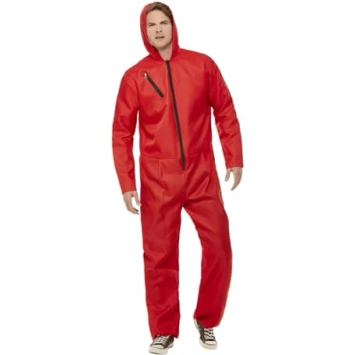 Image of Smiffys Bank Robber Jumpsuit, Red with Zipped All in One, Cops &amp; Robbers Fancy Dress, Adult Dress Up Costumes