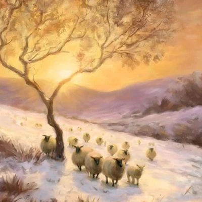 Image of Macmillan Charity Christmas Cards Pack of 5 Artistic Sheep Scene Winter Glow Countryside Design by Daniel Rodgers Made in the UK Eco Friendly