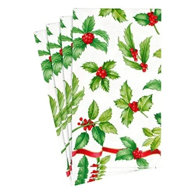 Image of Caspari Holly Toss Paper Guest Towel Napkins in Ivory 15 Per Package
