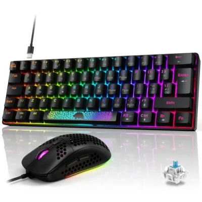 Image of Wired Gaming Keyboard and Mouse Set, 60% Percent Light Up Mechanical with Optical Clicky Blue Switch UK Layout+Ultra Lightweight 6400 DPI RGB Mouse+Mouse Mat for PC/Mac, Black