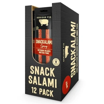 Image of SERIOUS PIG Salami Pub Snacks, Keto Snack, High Protein, Meaty, Made with Outdoor Reared British Pork, Savoury Sticks (Snackalami) (Spicy) (12 Pack)