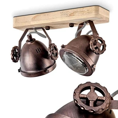 Image of Ceiling lamp Herford, Adjustable Made of Metal/Wood/Glass in Brown/Copper/Nature, 2 Flame, x GU10 Socket, Swivel and tiltable spot Retro Design, Without Bulbs