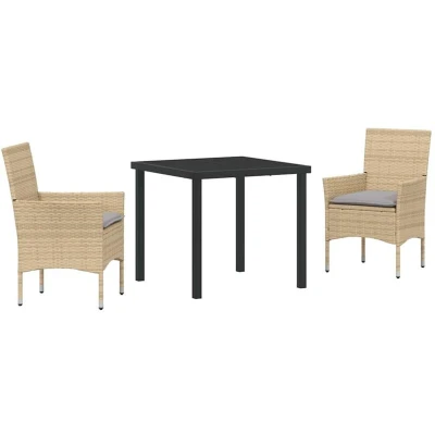 Image of vidaXL 3 Piece Garden Dining Set with Cushions Beige Poly Rattan