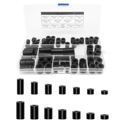 Image of 80pcs ABS Round Spacer Washer Assortment Kit，M6 M8 Screws Nylon Non Threaded Column Standoff Support Spacers with Plastic Box(Black)
