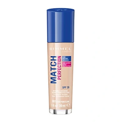 Image of Rimmel Match Perfection Foundation 001 Fair Porcelain, Medium Coverage, 24hr Hydration, No Caking or Creasing, Lightweight, Reduces Imperfections, Invisible SPF20, Cruelty Free