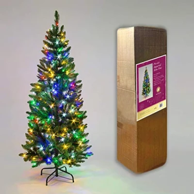 Image of SHATCHI Pre Lit Slim Pine Green Tree Christmas Holiday Festive Xmas Home Decorations Pencil Point Tips, 4FT 8FT(WW/CW/MC), Metal, Multicolour LEDs, 7Ft