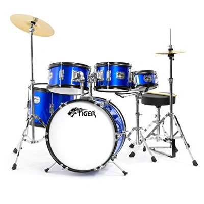 Image of Childrens Drum Kit 5 Piece Set for Kids with Snare, Toms, 16&quot; Bass Drum, Pedal, Hi Hat and Crash Cymbals, Throne Sticks Blue TIGER JDS14 BL