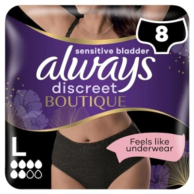 Image of Always Discreet Boutique Underwear Incontinence Pants Plus L Black X 8, for Sensitive Bladder, Locks Away Odours, Wetness and Prevent Leaks