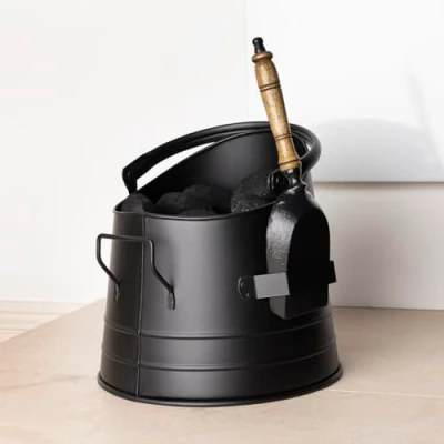 Image of CHARLES BENTLEY Coal Bucket, Snug, Alder, Coal, with Shovel, Iron, Black, Shovel Holster, Traditional Style, Metal, Carry Handles, Wooden Grip (28x25x22cm)