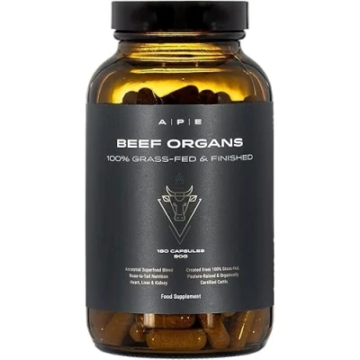Image of APE Nutrition Organic Beef Organs Grass Fed Liver Kidney Heart Organ Capsules, Ancestral Supplement UK, 100% &amp; Finished, No Antibiotics Hormones or GMOs, 180 500mg Capsules