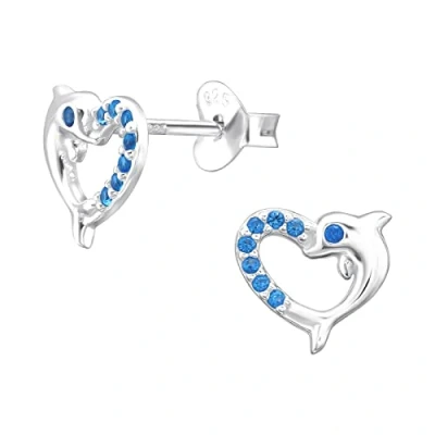 Image of The Rose &amp; Silver Company Women Girls 925 Sterling Cubic Zirconia Dolphin and Heart Stud Earrings