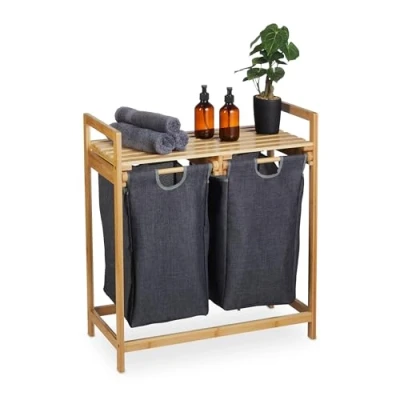 Image of Relaxdays Laundry Basket, Bamboo, Pull Out Bins, 2 Compartments &amp; 1 Shelf, Sorting, HWD: 73x64x33 cm, Natural/Grey, Polyester, Cotton, 73 x 64 33 cm
