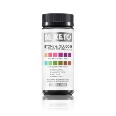 Image of BeKeto Ketone and Glucose Test Strips 100 Urine Tester Keto Diet Weight Loss Analysis Suitable for Ketogenic, Paleo, Low Carbs, Diabetics &amp; Atkins Testing