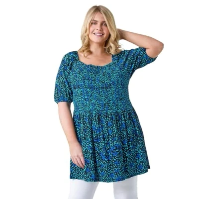 Image of Roman Curve Womens Floral Longline Stretch Shirred Top Blue Size 18 UK
