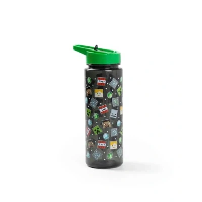 Image of Minecraft Creeper 750ml Straw Water Bottle Black with Green Lid Flip Top Hydration TNT Graphic Print Unisex Kids Drinkware Minecrafters Merchandise