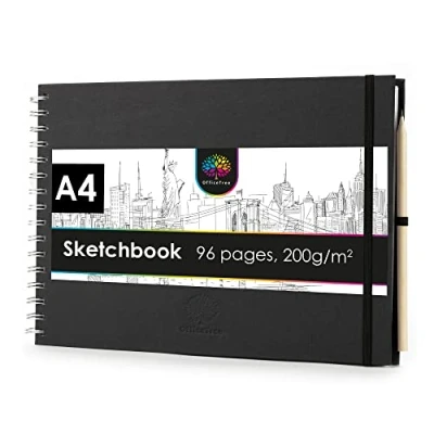 Image of OfficeTree Sketch Book A4 Spiral Bound Landscape Sketchbook 96 Pages 48 Sheets 200gsm White Blank Paper Watercolour Art Includes Pencil