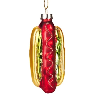 Image of BRUBAKER Hot Dog Handpainted Glass Christmas Bauble Mouthblown Tree Decoration Figures Funny Pendant Ball 4 inches (10 cm)