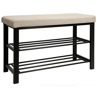 Image of DuneDesign Shoe Rack with top Bench 81x32x46cm 2 metal shelves to tidy up 6 8 pairs of shoes upholstered seat sit people modern hallway furniture Beige