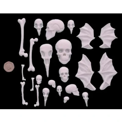 Image of 20 x Edible 3D Mixed Skull and Bones Set icing toppers, cake cupcakes decorations (White)