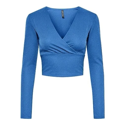 Image of PIECES Women&#039;s Pclina Ls Cropped V Neck Top Long Sleeve Shirt, French Blue, M