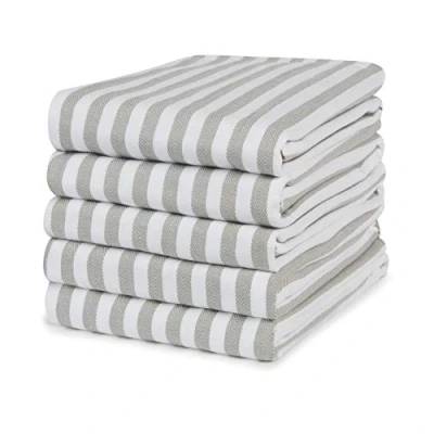 Image of 100% Cotton Tea Towel Grey Striped Pattern, Pack of 5 Stripe Kitchen Set Absorbent, Strong, Quick Dry &amp; Machine Washable for Home Decor Bathroom Accessories