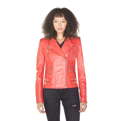 Image of Ladies Retro Red 100% Nappa Leather Biker Jacket 5XL