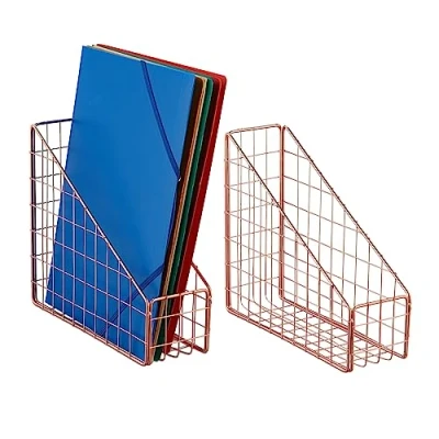 Image of Relaxdays Organiser, 2x Set, File Holder, Storage, Letter Rack, HxWxD: 23 x 9 25.5, Office, A4, Desk, Rose Gold, 100% iron, 25.5 cm