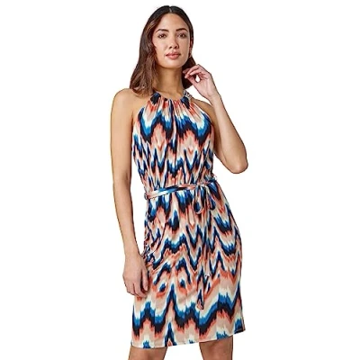 Image of Roman Womens Abstract Print Halterneck Dress Blue Size 20 UK