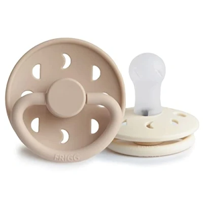 Image of FRIGG Moon Phase Silicone Pacifier Pack of 2 Soother Dummy BPA Free Made in Denmark Symmetrical Cherry Shaped Nipple (Cream/Croissant (0 6 Months))