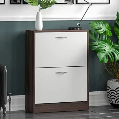 Image of Vida Designs 2 Drawer Shoe Cabinet Cupboard Storage Organiser Pull Down Wooden Hallway Furniture Unit, Walnut and White