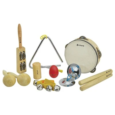 Image of Chord CPS09 9 Piece Hand Percussion Set with Bag Includes Tambourine, Maracas, Shakers, Claves, Jingle Band, Stick, Finger Cymbals, and Triangle