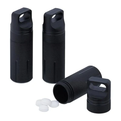 Image of Relaxdays Set of 3 Waterproof Capsule, Pillbox Keychain, for On The Go, Aluminium, Key Ring, HWD: 9.5 x cm, Black