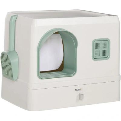 Image of PawHut Cat Litter Box with Drawer Pan, Hooded Tray Scoop, Deodorants, Front Entrance, 50 x 40 40cm White