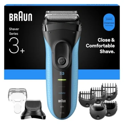 Image of Braun Series 3+ Electric Shaver, 3 Flexible Blades, Wet &amp; Dry Razor for Men with Beard Trimmer Attachment, +5 Combs, Efficiency MicroComb, Made in Germany, 3010BT, Blue