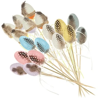Image of com four® 18x flower plugs for Easter colorful eggs with feathers to stick decoration (18 pieces colorful)